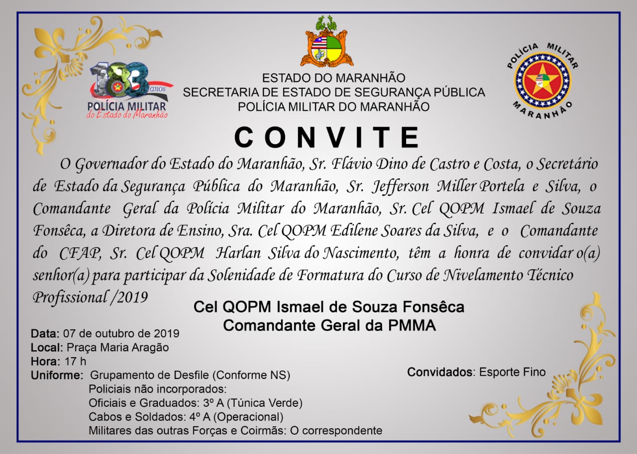 CONVITE: FORMATURA DO CURSO DE FORMAÇÃO DE SOLDADOS 2019 – CFSD/2019