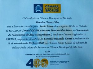 Coronel da PMMA será homenageado pela Câmara Municipal de São Luis