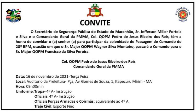 Convite da solenidade de passagem de comando do 28⁰ BPM (Itapecuru Mirim)