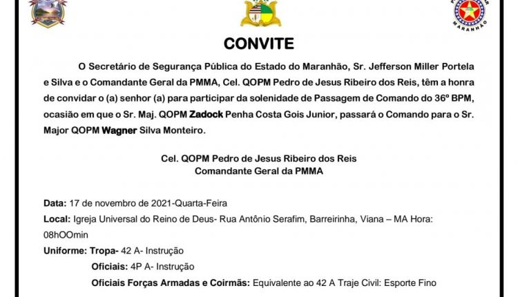 Convite da solenidade de Passagem de comando do 36º BPM em Viana