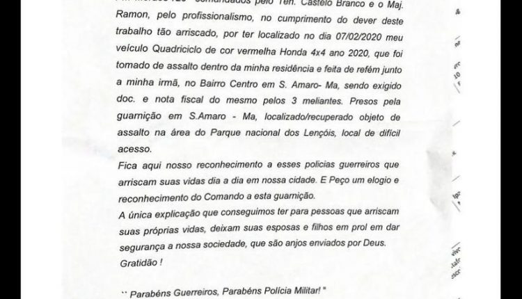 Vítima de roubo agradece e elogia ação de Policiais Militares em carta