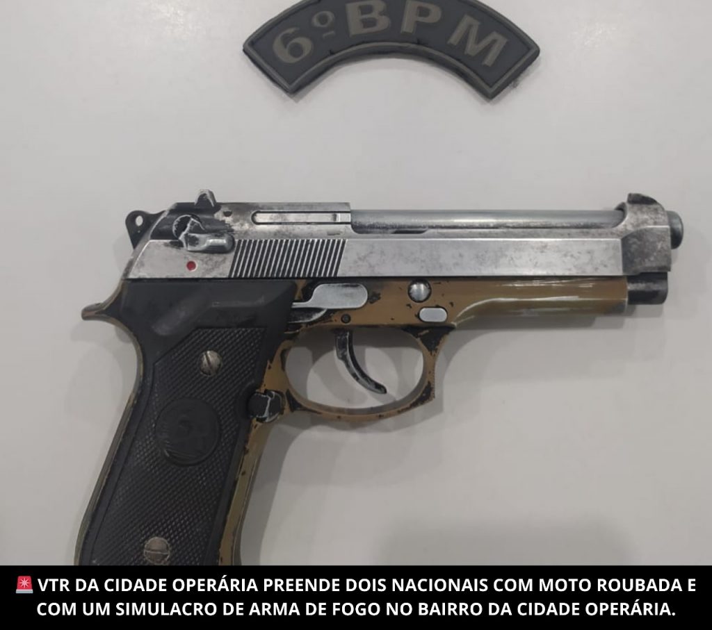 Policiais Militares do 6º BPM prendem suspeitos por roubo de veículo e apreendem simulacro de arma de fogo.