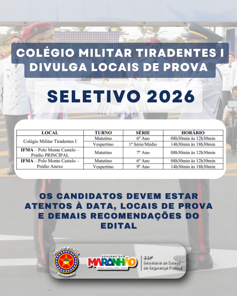 Colégio Militar Tiradentes I (CMT I) divulga  locais de prova para processo seletivo 2026